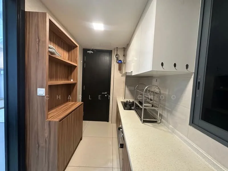 Kitchen features: white cabinetry, wooden shelving unit, granite countertop, stainless-steel sink, chrome faucet, built-in oven, ceramic tile flooring, recessed lighting, black door, window with view, wall-mounted kitchen rack; style: modern.