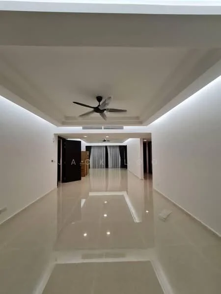 Room features: white painted walls, polished tile flooring, tray ceiling, recessed LED downlights, 5-blade ceiling fan, floor-to-ceiling windows with sheer curtains, open layout, neutral color scheme; style: modern.