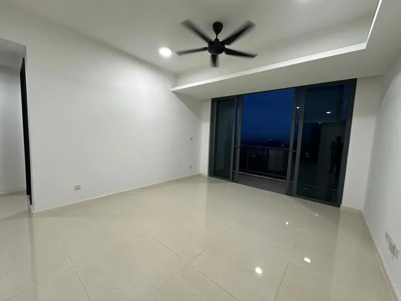 Living features: white painted walls, polished ceramic tile flooring, 5-blade ceiling fan, floor-to-ceiling windows, sliding glass door, balcony access, recessed downlights, neutral color palette; style: modern; view: city.