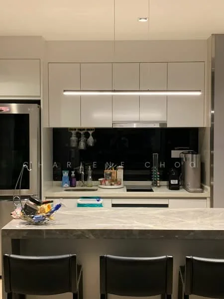 Kitchen features: white cabinetry with flat-panel doors, black backsplash, marble countertop, built-in oven, stainless-steel fridge, stainless-steel coffee machine, kitchen island with seating, pendant lighting, open shelving, decorative items on shelves, kitchen utensils on countertop; style: modern.