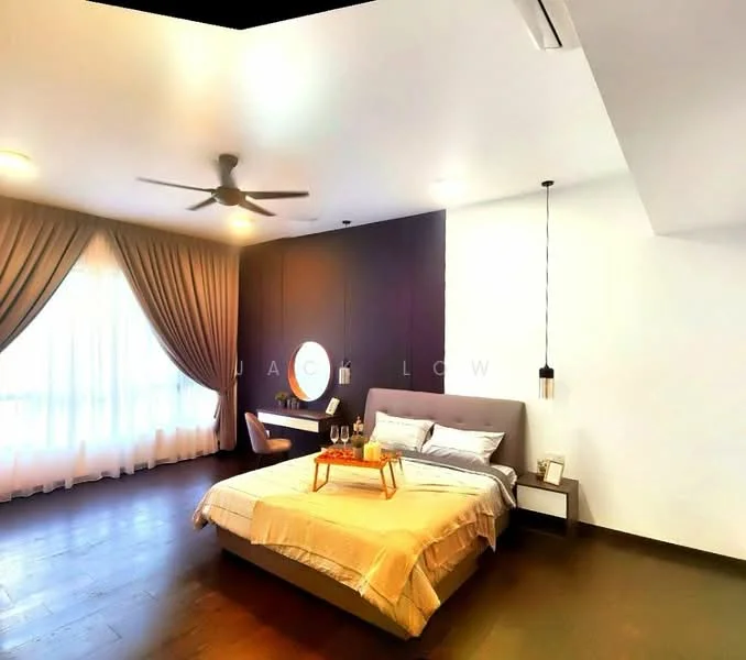 Bedroom features: king-size bed with beige bedding, upholstered headboard, wooden flooring, 5-blade ceiling fan, large window with sheer curtains, decorative wall with dark paneling, round mirror above bedside table, desk with chair, table lamp, wall-mounted light fixture; style: modern.