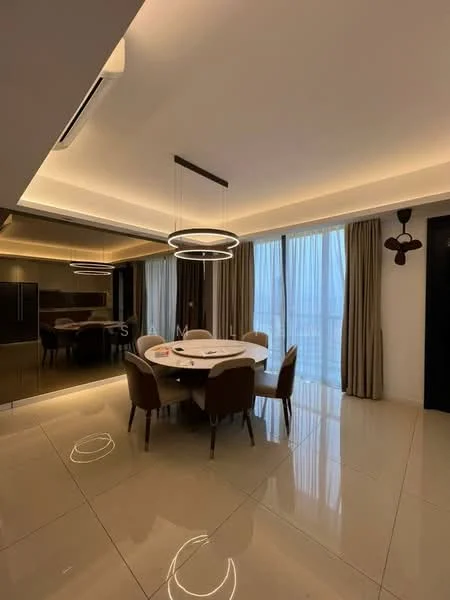 Dining features: round dining table, upholstered dining chairs, chandelier with circular design, floor-to-ceiling windows, sheer curtains, cream painted walls, polished tile flooring, recessed LED downlights, ceiling fan with light, mirrored cabinetry; style: modern; view: city.