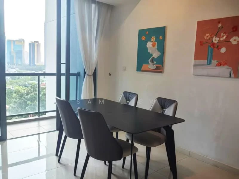 Dining features: black dining table, 4 upholstered dining chairs in grey, floor-to-ceiling windows, city skyline view, white painted walls, ceramic tile flooring, decorative artwork on walls, sheer curtains; style: modern; view: city.