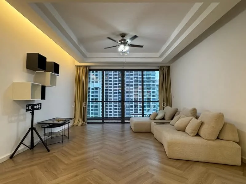 Living features: L-shape sectional sofa in beige, coffee table, wall-mounted TV console, 5-blade ceiling fan with light, recessed downlights, floor-to-ceiling windows, curtains, herringbone patterned wooden flooring, decorative wall shelves, neutral painted walls, crown moulding; style: modern; view: city.