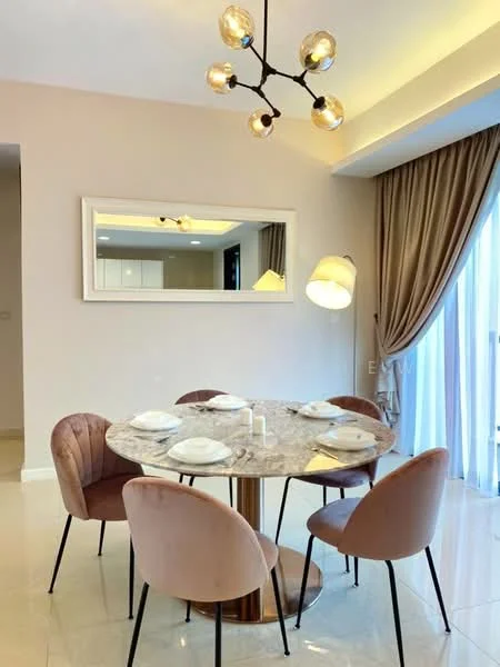 Dining features: round marble dining table, 4 upholstered dining chairs in pink, chandelier with multiple bulbs, floor-to-ceiling windows with sheer curtains, cream painted walls, light-colored tile flooring, decorative mirror on wall, ambient floor lamp; style: modern.