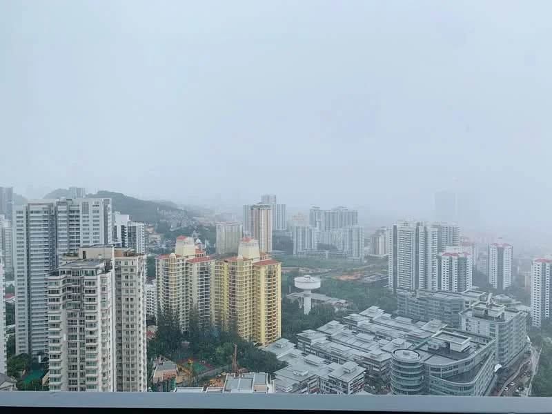 Exterior type: high-rise condominium; features: city skyline view, multiple high-rise buildings, green landscaping, urban environment, foggy weather, varied building heights, mixed-use development; style: modern.