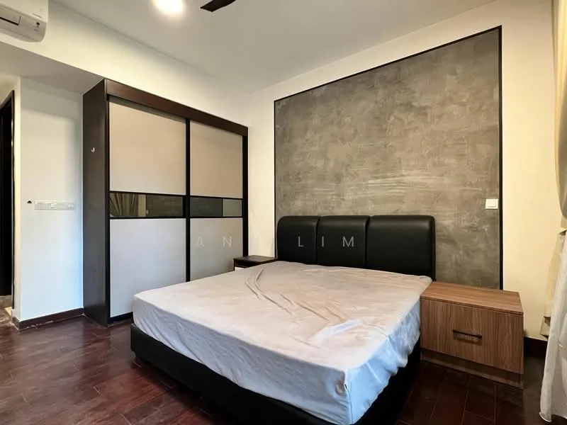 Bedroom features: queen-size bed, upholstered headboard, wood bedside table, built-in wardrobe with sliding doors, grey accent wall, dark wood flooring, ceiling fan, window with sheer curtains; style: modern.