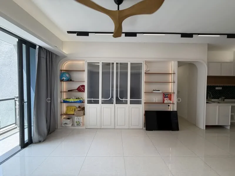 Living features: large sliding glass door, floor-to-ceiling windows, grey curtains, built-in cabinetry with glass doors, open shelving, white cabinetry, black TV console, white tiled flooring, ceiling fan with wooden blades, recessed lighting, green backsplash in kitchen area, open layout to kitchen; style: modern.