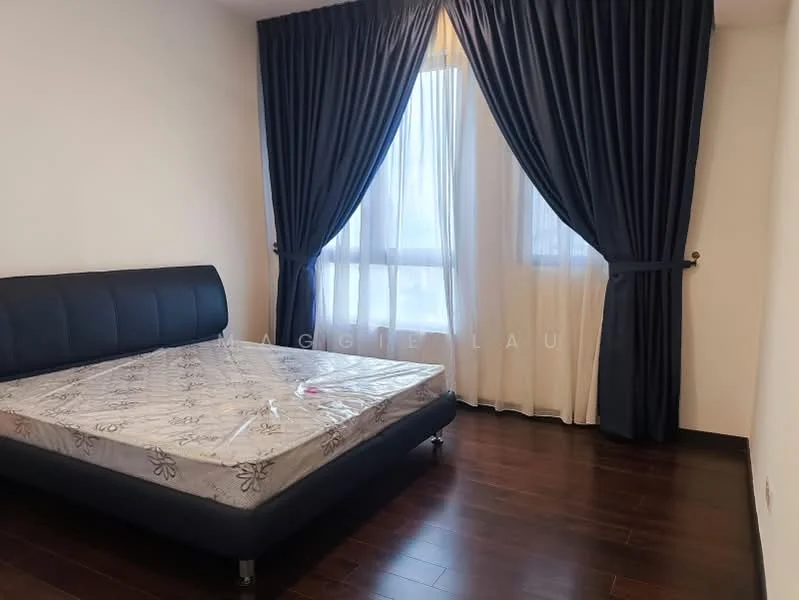 Bedroom features: queen-size bed, dark leather headboard, wood flooring, floor-to-ceiling windows, sheer curtains, dark blue drapes, white painted walls, decorative wall trim; style: modern.