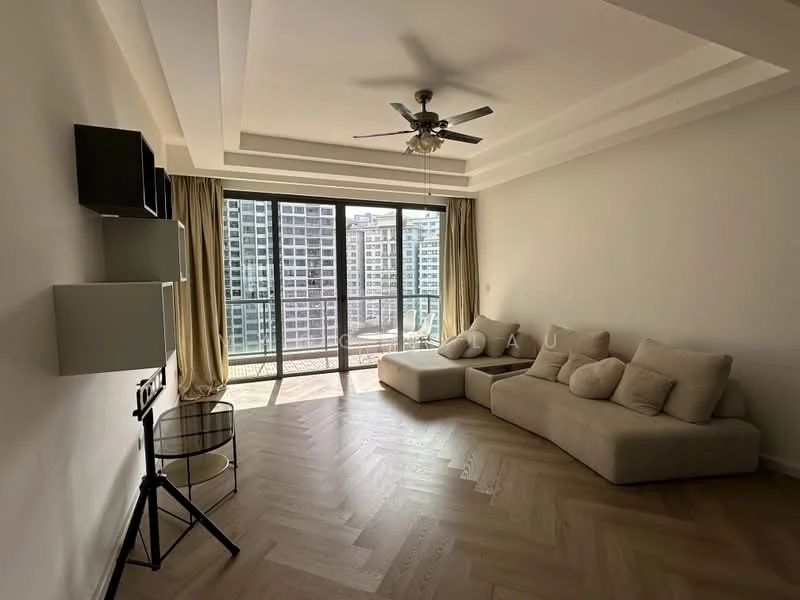 Living features: L-shape sectional sofa in beige, ceiling fan with light, floor-to-ceiling windows, curtains, wooden flooring, wall-mounted TV console, decorative wall shelf, natural light from windows, access to balcony; style: modern; view: city.