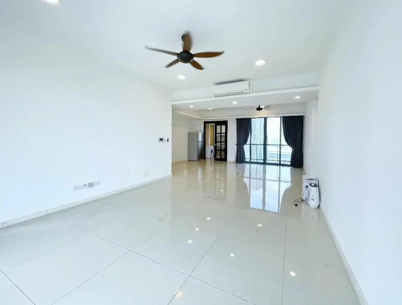 Living features: white painted walls, polished ceramic tile flooring, tray ceiling with recessed downlights, 2 ceiling fans, floor-to-ceiling windows, sliding glass door, blackout curtains, air conditioning unit; style: modern; view: city.