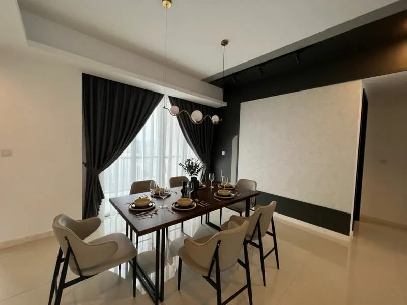 Dining features: 6-seater dining table, upholstered dining chairs in beige, white tableware, decorative vase with greenery, floor-to-ceiling windows, sheer curtains, black accent wall, pendant lighting with multiple bulbs, light-colored flooring, textured wall panel, neutral color palette; style: modern; view: city.