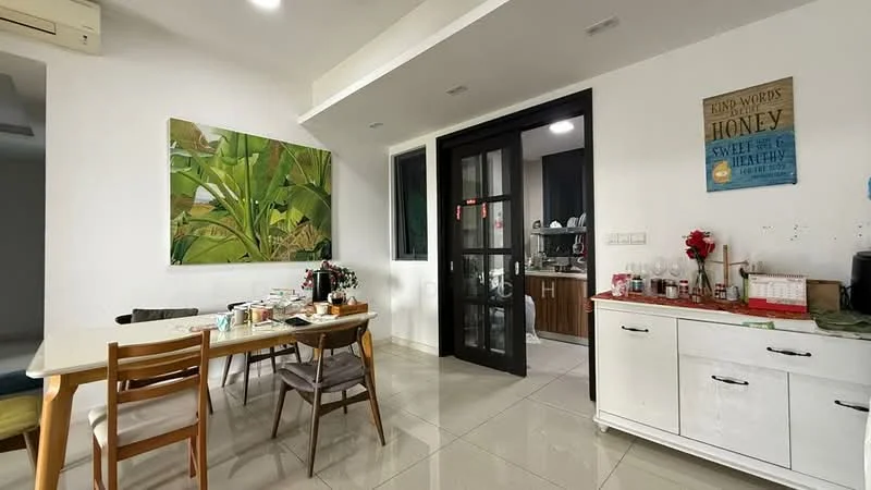 Dining features: white walls, tile flooring, dining table with 6 chairs, decorative wall art with green leaves, black-framed glass door, sideboard with storage, kitchen visible through glass door, decorative items on sideboard, window with natural light; style: modern. Kitchen features: wood cabinetry, countertop with appliances, kitchen sink, stainless-steel appliances, open layout to dining area; style: modern.