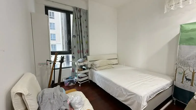 Bedroom features: single bed with white bedding, wooden flooring, floor-to-ceiling window, sheer curtains, white painted walls, built-in wardrobe, white bedside table, guitar stand, decorative wall hanging; style: minimalist.