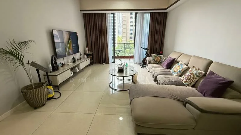 Living features: 3-seater fabric sofa in beige, decorative cushions with floral pattern, round glass coffee table, wall-mounted TV, TV console with storage, floor-to-ceiling windows, sheer curtains, ceramic tile flooring, potted plant, wall art, bicycle in corner; style: modern; view: city.