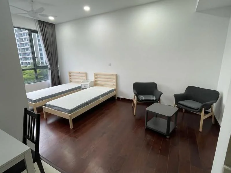 Bedroom features: two single beds with wooden frames, wooden flooring, floor-to-ceiling windows, grey curtains, ceiling fan, two armchairs, small coffee table, desk with chair; style: modern; view: garden.
