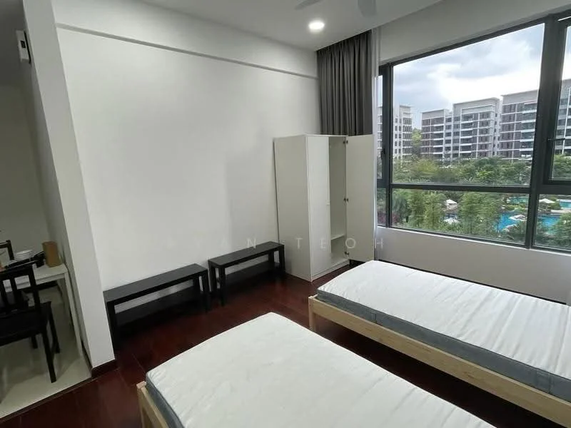 Bedroom features: two single beds with wooden frames, dark wood flooring, white painted walls, large window with view of outdoor area, curtains, built-in wardrobe, two benches, ceiling fan; style: modern; view: garden.