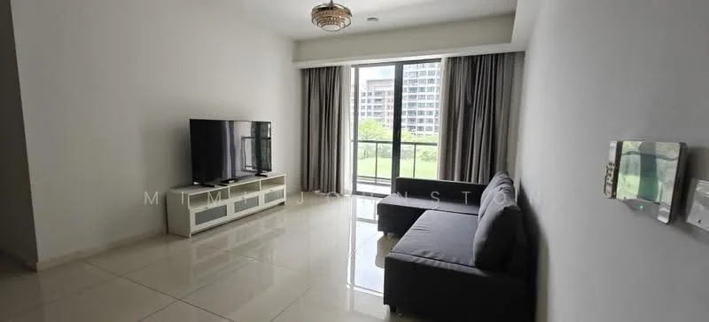Living features: grey fabric sofa, 3-seater sofa, white TV console, wall-mounted TV, floor-to-ceiling windows, curtains, marble tile flooring, ceiling light fixture, sliding glass door, view of greenery; style: modern; view: garden.