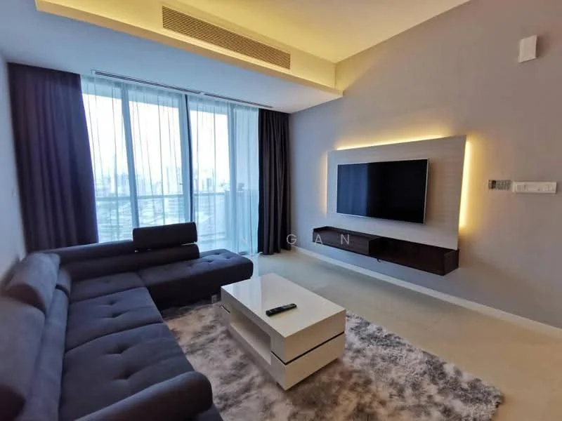Living features: L-shape sectional sofa in grey fabric, coffee table with white finish, wall-mounted TV, floating TV console in dark wood, floor-to-ceiling windows, sheer curtains, recessed LED downlights, area rug with neutral tones, light-colored wall, air conditioning vent; style: modern; view: city.