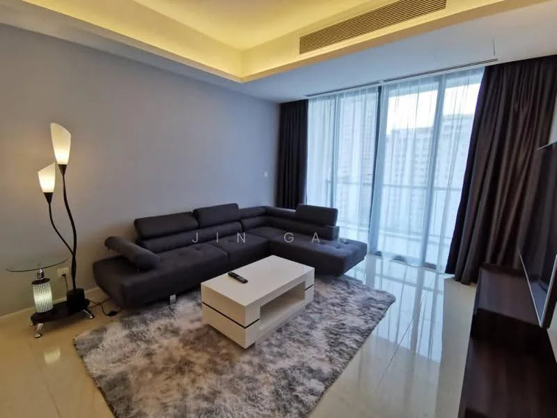 Living features: L-shape sectional sofa in grey, coffee table in white, area rug with geometric pattern, floor-to-ceiling windows, curtains in dark grey, recessed downlights, wall-mounted TV, TV console in dark wood, decorative floor lamp, polished tile flooring, neutral painted walls, ceiling with cove lighting; style: modern; view: city.