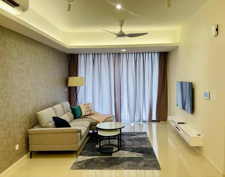 Living features: 3-seater fabric sofa in light grey, decorative cushions in various colors, round coffee table with glass top, area rug with geometric pattern, wall-mounted TV, TV console in white, floor-to-ceiling windows with sheer curtains, ceiling fan with integrated light, recessed lighting, accent wall with textured finish, cream painted walls, polished tile flooring; style: modern.