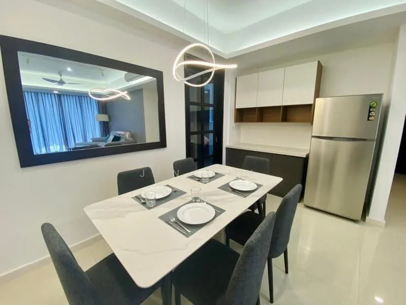 Dining features: marble dining table, 4 upholstered dining chairs, decorative mirror on wall, recessed ceiling lights, pendant light fixture, white painted walls, glossy tile flooring, stainless-steel fridge, built-in cabinetry with upper and lower storage; style: modern.