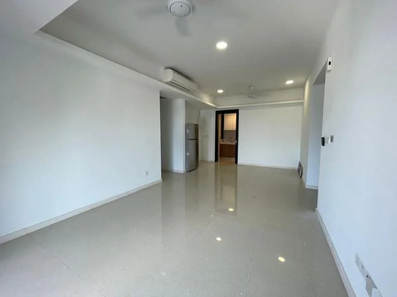 Living features: white painted walls, polished ceramic tile flooring, recessed downlights, 5-blade ceiling fan, wall-mounted air conditioning unit, sliding glass door, fridge, open layout; style: modern.
