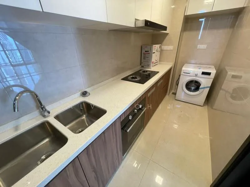 Kitchen features: double-bowl stainless-steel sink, chrome pull-down faucet, quartz countertop, white cabinetry, built-in oven, 4-burner gas hob, stainless-steel range hood, washing machine, ceramic tile flooring, light-colored wall tiles, recessed downlights; style: modern.
