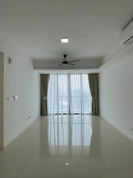 Living features: white painted walls, polished ceramic tile flooring, 5-blade ceiling fan with light, floor-to-ceiling windows, sheer curtains, recessed downlights, air conditioning unit; style: modern; view: city.