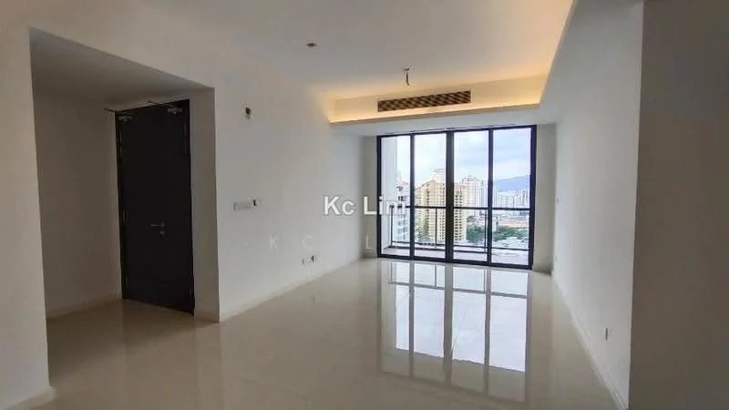 Room features: white painted walls, glossy tile flooring, floor-to-ceiling windows, city view, recessed downlights, air conditioning unit, neutral color scheme, minimalist design; style: modern; view: city.