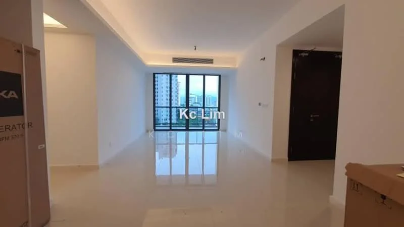 Living features: white painted walls, glossy tile flooring, recessed downlights, floor-to-ceiling windows, city view, air conditioning unit, neutral color palette, open layout; style: modern; view: city.