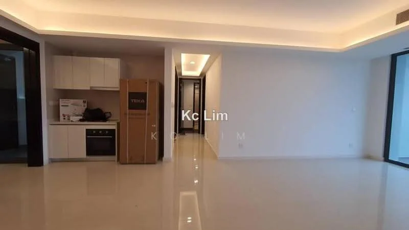 Living features: white painted walls, glossy tile flooring, recessed downlights, floor-to-ceiling windows, sliding glass door, open kitchen layout, kitchen cabinetry, built-in oven, stainless-steel range hood, countertop space, neutral color scheme, minimalist decor; style: modern.