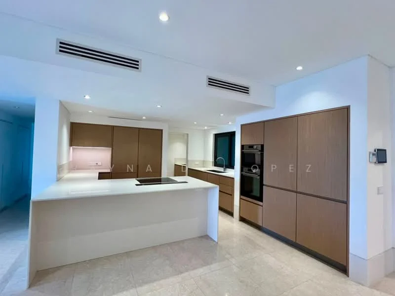 Kitchen features: white quartz countertop, brown flat-panel cabinetry, built-in oven, stainless-steel fridge, induction cooktop, single-bowl stainless-steel sink, chrome pull-down faucet, recessed LED downlights, tile flooring, window with city view, open layout, kitchen island; style: modern; view: city.
