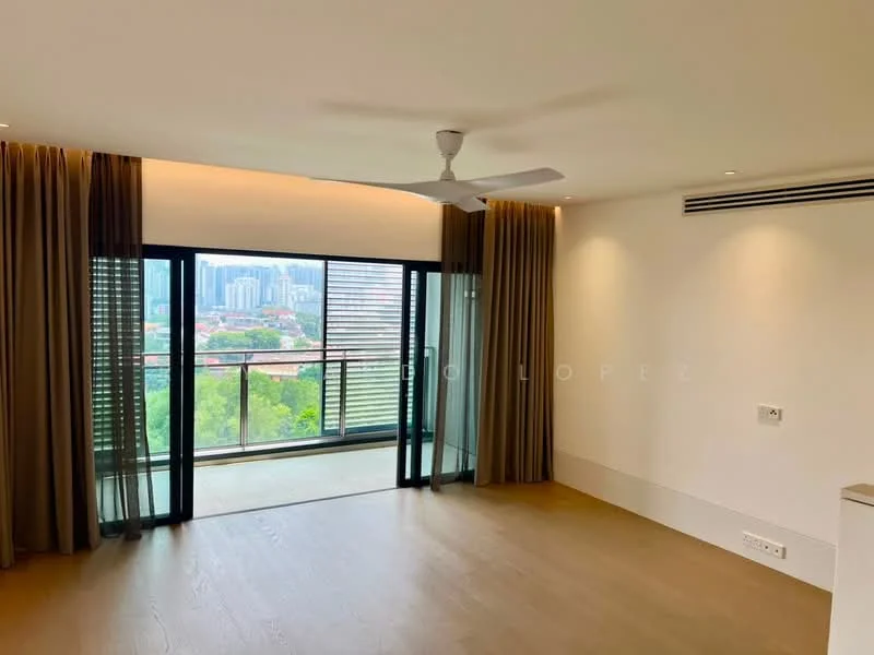 Room features: floor-to-ceiling windows, sliding glass door, curtains, ceiling fan, light-colored wooden flooring, neutral painted walls, air conditioning vent, balcony view, city skyline view; style: modern; view: city.