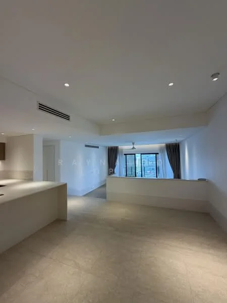 Room features: white painted walls, recessed downlights, ceiling fan, large windows, neutral tile flooring, open layout, curtains, kitchen island, counter space, wall-mounted air conditioning unit; style: modern; view: city.