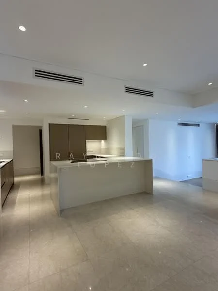 Kitchen features: island countertop, white cabinetry, stainless-steel appliances, marble tile flooring, recessed downlights, wall-mounted split AC, open layout, neutral wall color; style: modern.