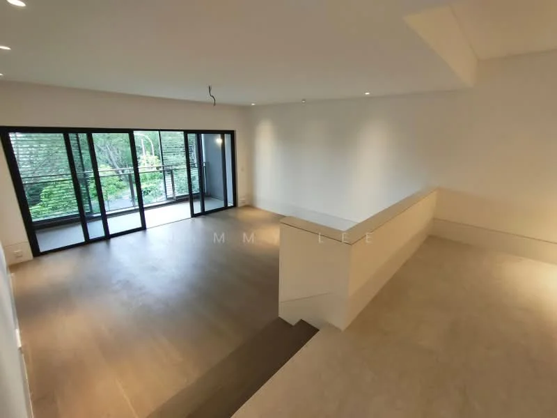Room features: large sliding glass doors, wooden flooring, white painted walls, recessed downlights, open layout, balcony access, neutral color palette, high ceiling; style: modern; view: garden.
