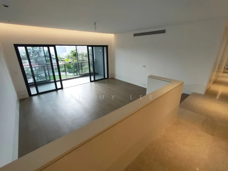 Living features: large floor-to-ceiling windows, wooden flooring, white painted walls, recessed lighting, balcony access, open layout, minimalist design, air conditioning vent; style: modern; view: city.