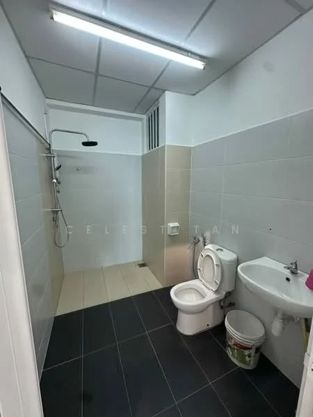 Bathroom features: white tiled walls, grey tiled walls, black tile flooring, shower area with wall-mounted shower head, toilet, sink with wall-mounted faucet, flush toilet, ceiling lights; style: modern.