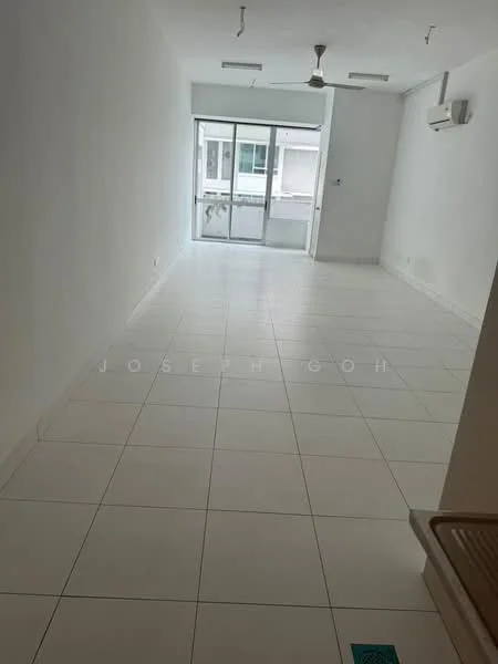 Living features: white painted walls, white tiled flooring, 5-blade ceiling fan, wall-mounted split AC, floor-to-ceiling windows, sliding glass door, natural light from windows, open layout; style: modern.