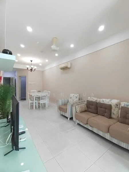 Living features: white painted walls, glossy tile flooring, 5-blade ceiling fan with light, chandelier, sofa with beige and floral upholstery, 2-seater fabric sofa in brown, dining table with white chairs, wall-mounted TV, air conditioning unit; style: modern.