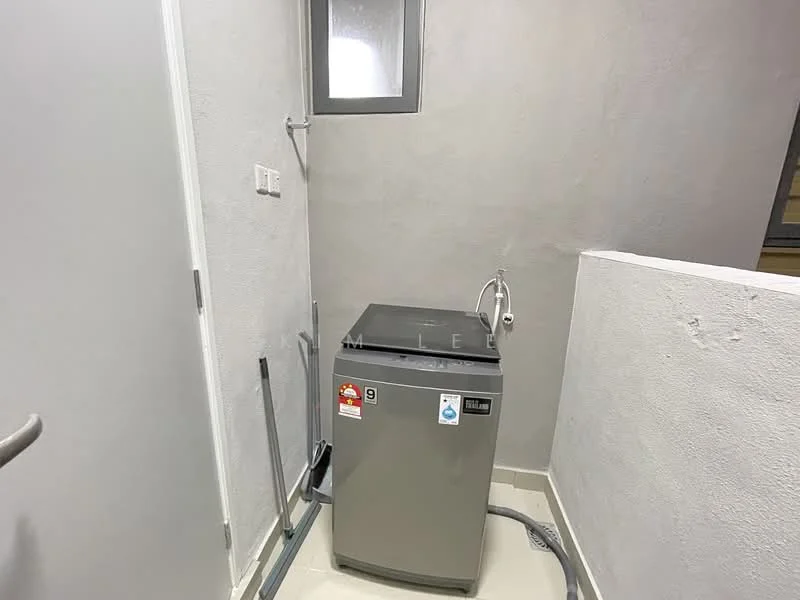Laundry features: top-load washing machine in grey, grey painted walls, white tiled flooring, window for natural light, water supply connection, drainage pipe, wall-mounted electrical outlet; style: modern.