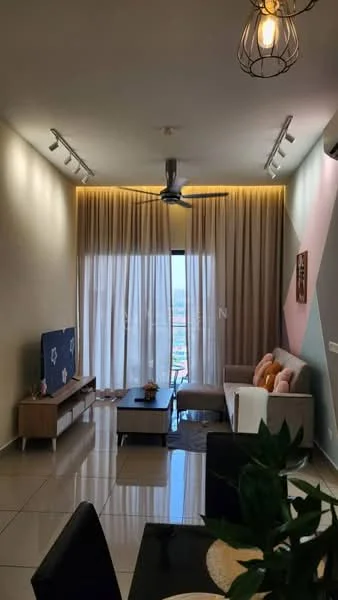 Living features: 3-seater fabric sofa in light grey, 2-seater fabric sofa in white, coffee table, TV console, wall-mounted TV, floor-to-ceiling windows, sheer curtains, 5-blade ceiling fan with light, recessed LED downlights, decorative wall with geometric pattern, tile flooring, area rug; style: modern; view: city.