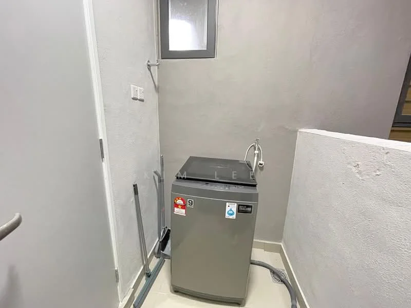 Laundry features: top-load washing machine in grey, grey painted walls, white tiled flooring, small window for natural light, plumbing connections visible, drainage hose, power outlet, clean and minimalistic layout; style: modern.