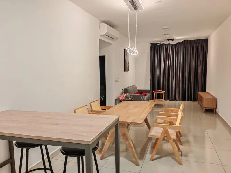 Living features: grey fabric sofa, wooden coffee table, 4 wooden dining chairs, 2 wooden dining tables, wall-mounted split AC, recessed downlights, blackout curtains, light-colored tiled flooring, wooden sideboard, decorative wall art; style: modern.