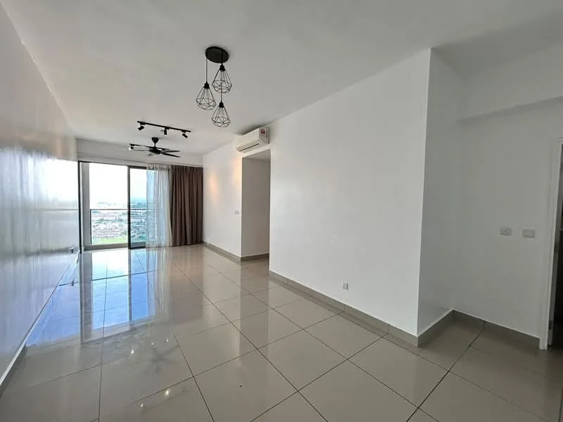 Living features: white painted walls, glossy ceramic tile flooring, 5-blade ceiling fan with light, floor-to-ceiling windows, curtains, air conditioning unit, recessed downlights, open layout, city view; style: modern; view: city.