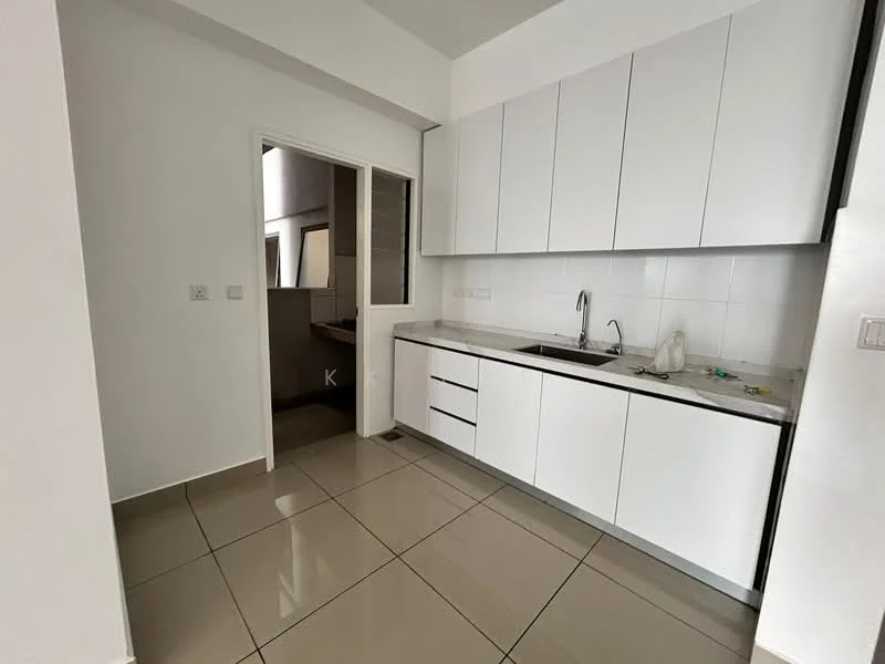 Kitchen features: white flat-panel cabinets, marble countertop, single-bowl stainless-steel sink, chrome pull-down faucet, built-in oven, ceramic tile flooring, wall-mounted cabinets, white tiled backsplash, recessed downlights; style: modern. Room features: doorway leading to another room, neutral wall color, light from adjacent room.