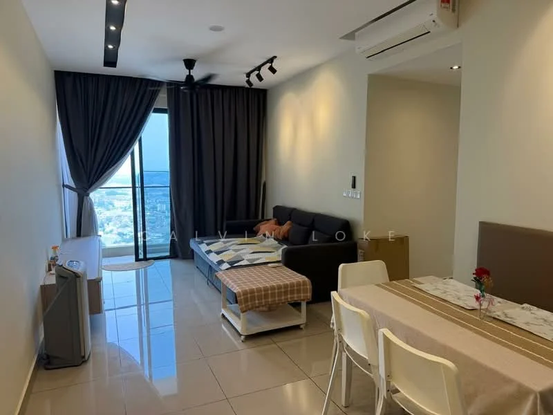 Living features: floor-to-ceiling windows, black fabric sofa, 3-blade ceiling fan, recessed downlights, grey accent wall, white painted walls, marble tile flooring, dining table with 4 chairs, small side table, curtains, TV console, decorative vase with flower; style: modern; view: city.