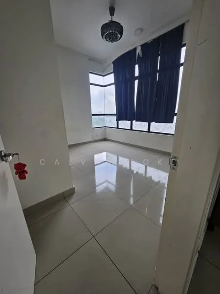 Room features: large floor-to-ceiling windows, grey tiled flooring, white painted walls, high ceiling, black ceiling light fixture, curtains, corner room with natural light, minimalist design; style: modern; view: city.