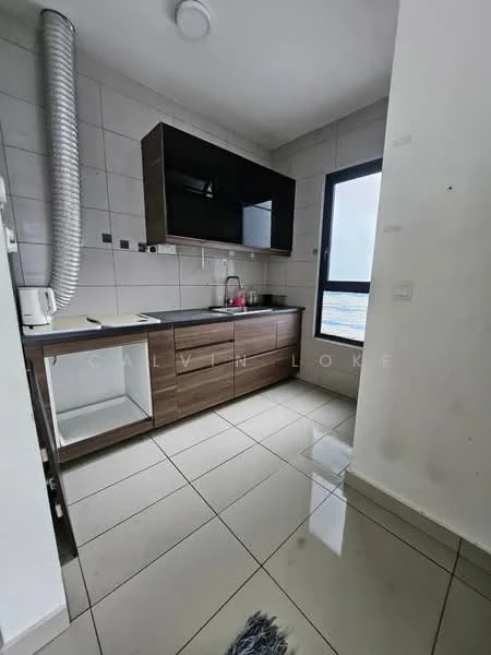 Kitchen features: brown wood cabinetry, black upper cabinets, single-bowl stainless-steel sink, chrome pull-down faucet, ceramic tile backsplash, white walls, grey tiled flooring, exposed ducting, window with city view, built-in countertop, kitchen appliances visible; style: modern; view: city.
